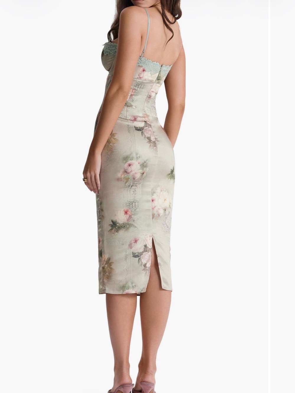 House of CB Sage Green Floral Lace-Trim Midi Dress - Picture 2 of 7